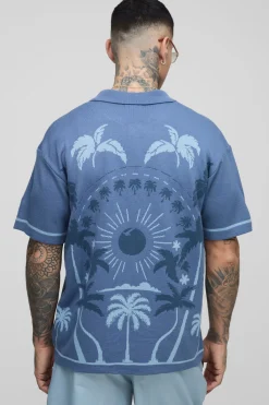 boohooMAN Chemise tricotée jacquard à motif palmiers et paysage, coupe décontractée pour grandes tailles<Homme Tout Afficher|Mailles Tall