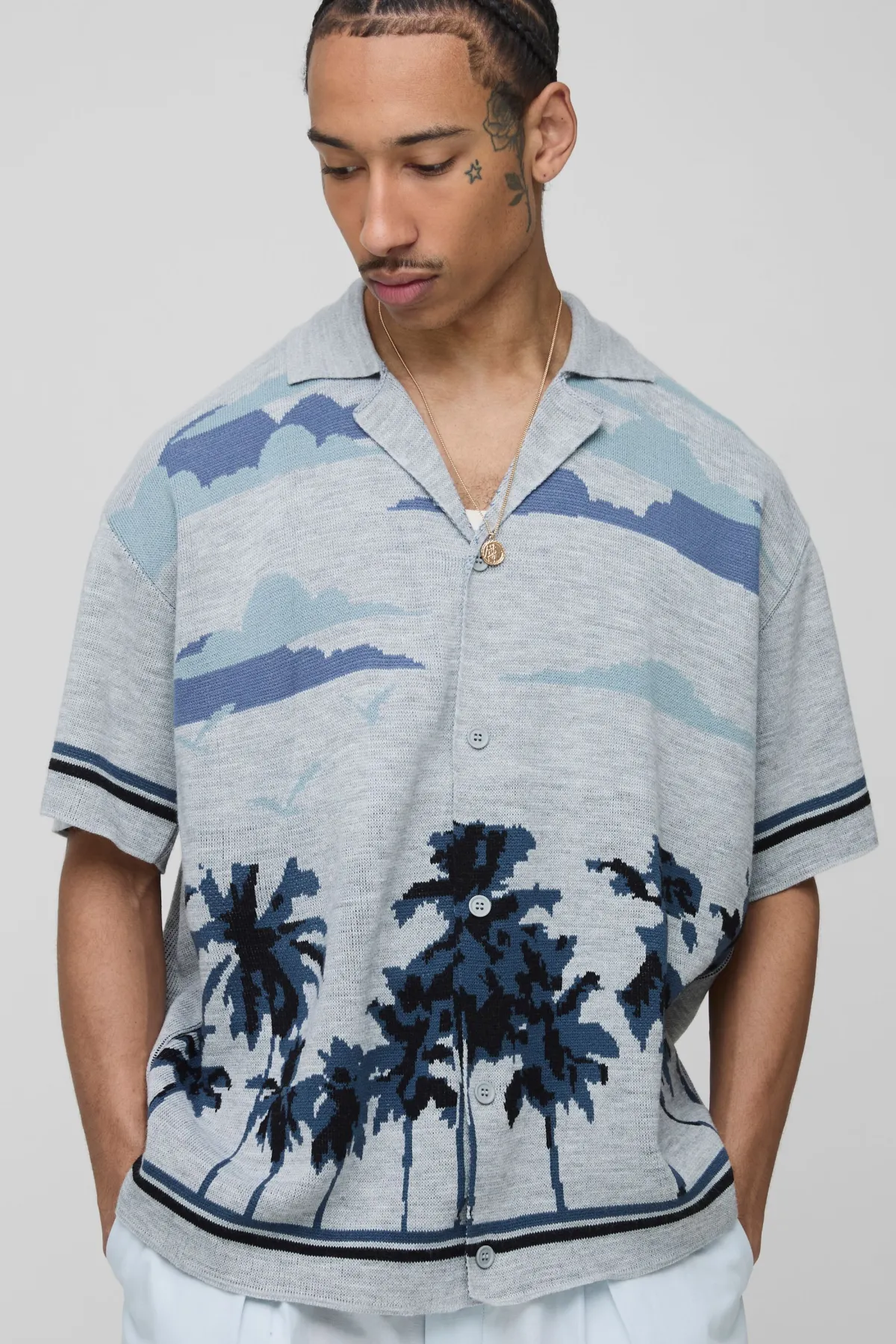 boohooMAN Chemise tricotée jacquard Palm Scenic à coupe boxy<Homme Chemises|Maille
