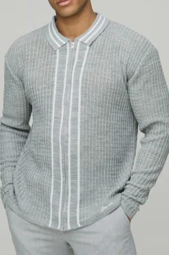 Chemise tricotée légère à fermeture éclair, coupe régulière et brodée