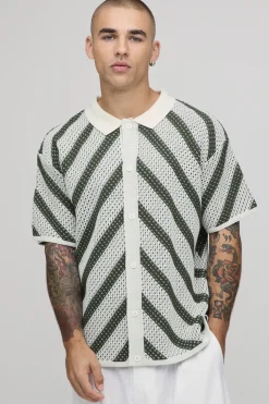 boohooMAN Chemise Tricotée À Maille Ajourée Rayée Coupe Décontractée<Homme Chemises|Maille