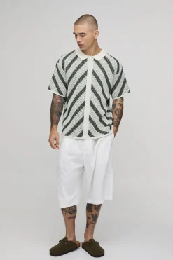 boohooMAN Chemise Tricotée À Maille Ajourée Rayée Coupe Décontractée<Homme Chemises|Maille