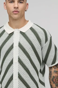 boohooMAN Chemise Tricotée À Maille Ajourée Rayée Coupe Décontractée<Homme Chemises|Maille