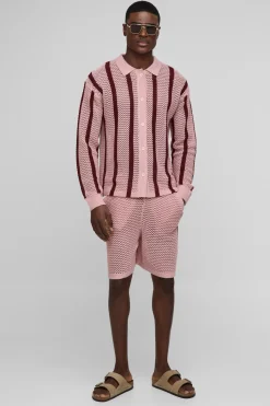 boohooMAN Chemise tricotée à manches longues rayée en point ouvert, coupe régulière<Homme Chemises|Maille