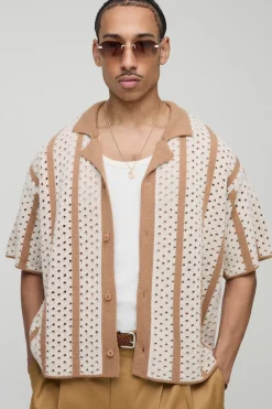 Chemise tricotée à rayures, coupe boxy, maille ouverte
