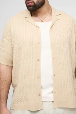 Chemise Tricot Torsadé à Manches Courtes Col Revers Coupe Ample Oversize Plus