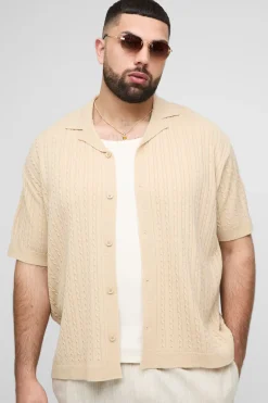 Chemise Tricot Torsadé à Manches Courtes Col Revers Coupe Ample Oversize Plus