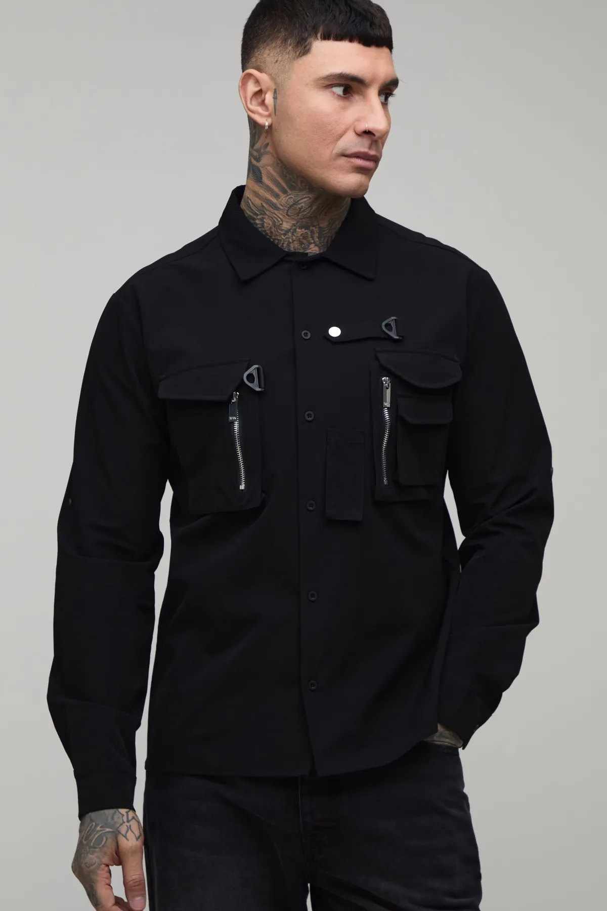 boohooMAN Chemise Utilitaire Technique Haute Avec Poches 3D<Homme Chemises|Tout Afficher