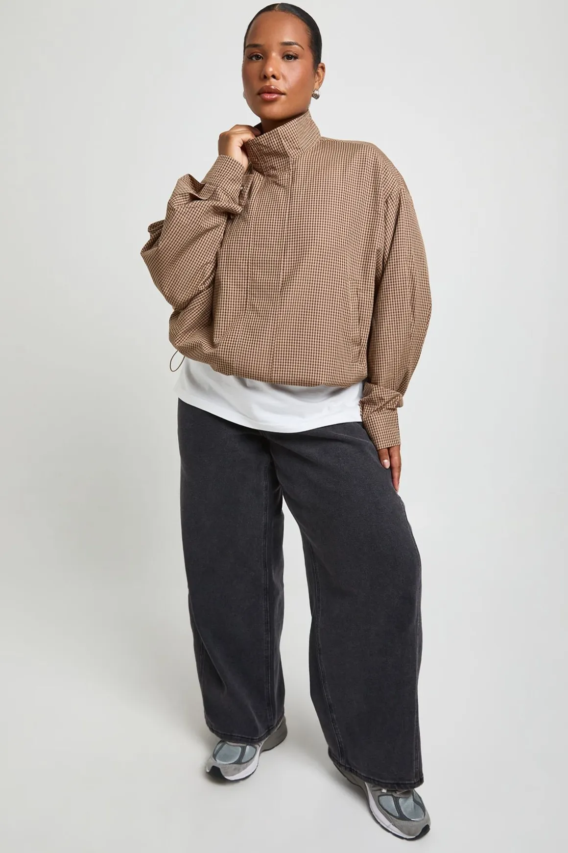 Chemise Zippée Grande Taille À Col Montant Et Motif À Carreaux