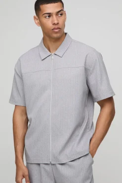 boohooMAN Chemise zippée à manches courtes surdimensionnée à rayures<Homme Chemises