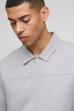 boohooMAN Chemise zippée à manches courtes surdimensionnée à rayures<Homme Chemises