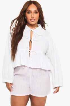 boohoo Chemisier à col en coton avec noué à l'avant<Femme Tops