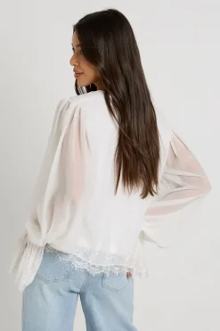 boohoo Chemisier À Col V Avec Manches Ballon Et Bordure En Dentelle<Femme Satin Et Dentelle|Tops