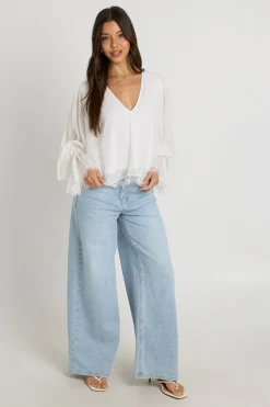 boohoo Chemisier À Col V Avec Manches Ballon Et Bordure En Dentelle<Femme Satin Et Dentelle|Tops
