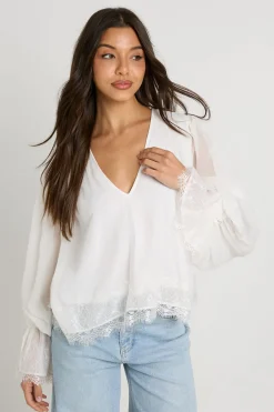 boohoo Chemisier À Col V Avec Manches Ballon Et Bordure En Dentelle<Femme Satin Et Dentelle|Tops