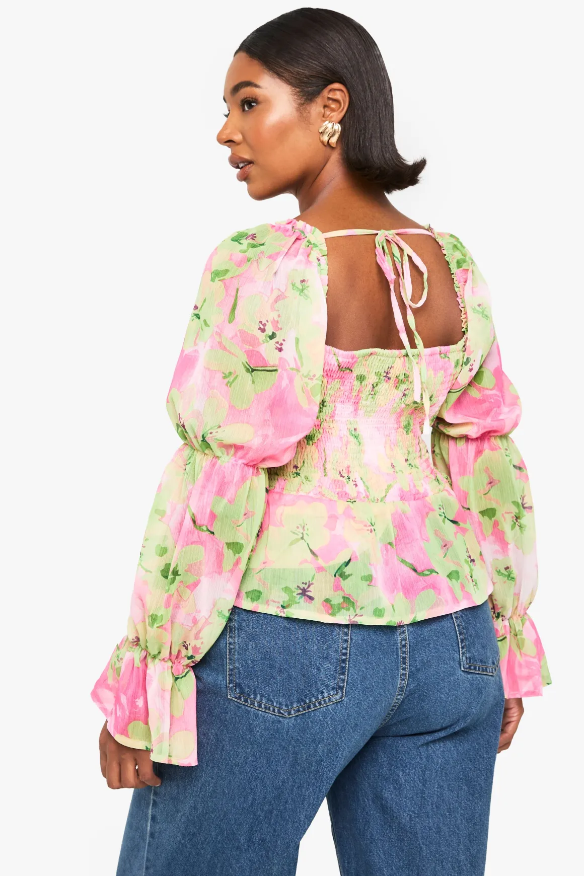 CHEMISIER EN CHIFFON FLORAL AVEC NOEUD À L'AVANT