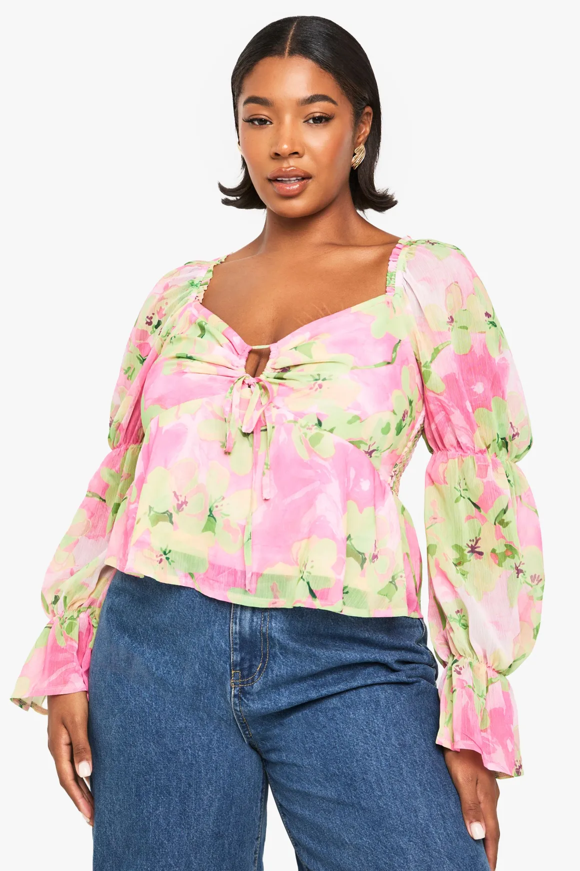 CHEMISIER EN CHIFFON FLORAL AVEC NOEUD À L'AVANT