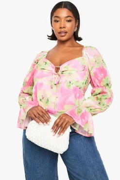 CHEMISIER EN CHIFFON FLORAL AVEC NOEUD À L'AVANT