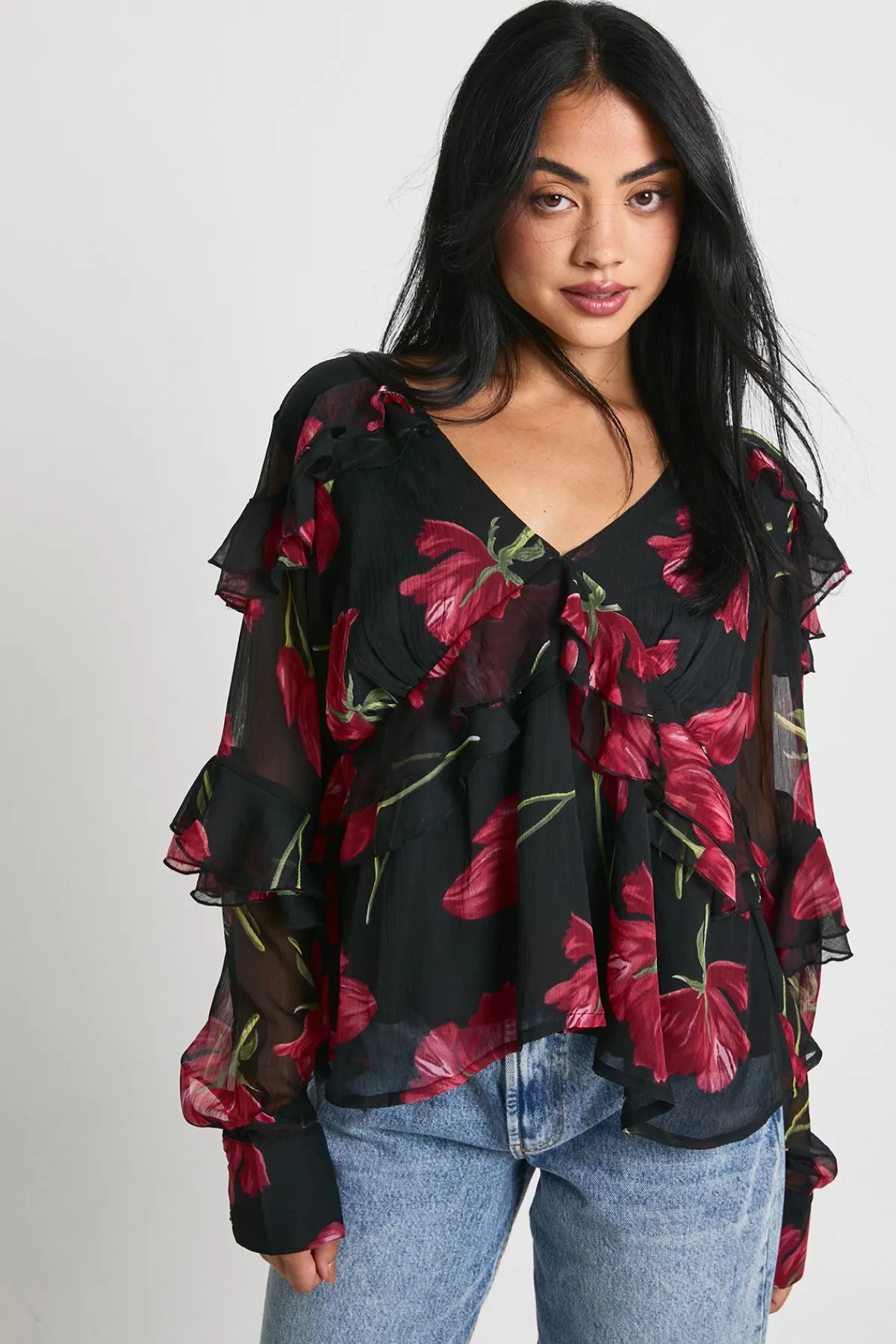 boohoo Chemisier en chiffon à volants fleuris<Femme Tops D’Automne|Tops