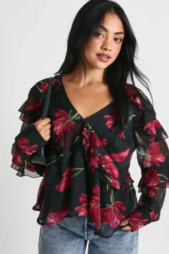 boohoo Chemisier en chiffon à volants fleuris<Femme Tops D’Automne|Tops