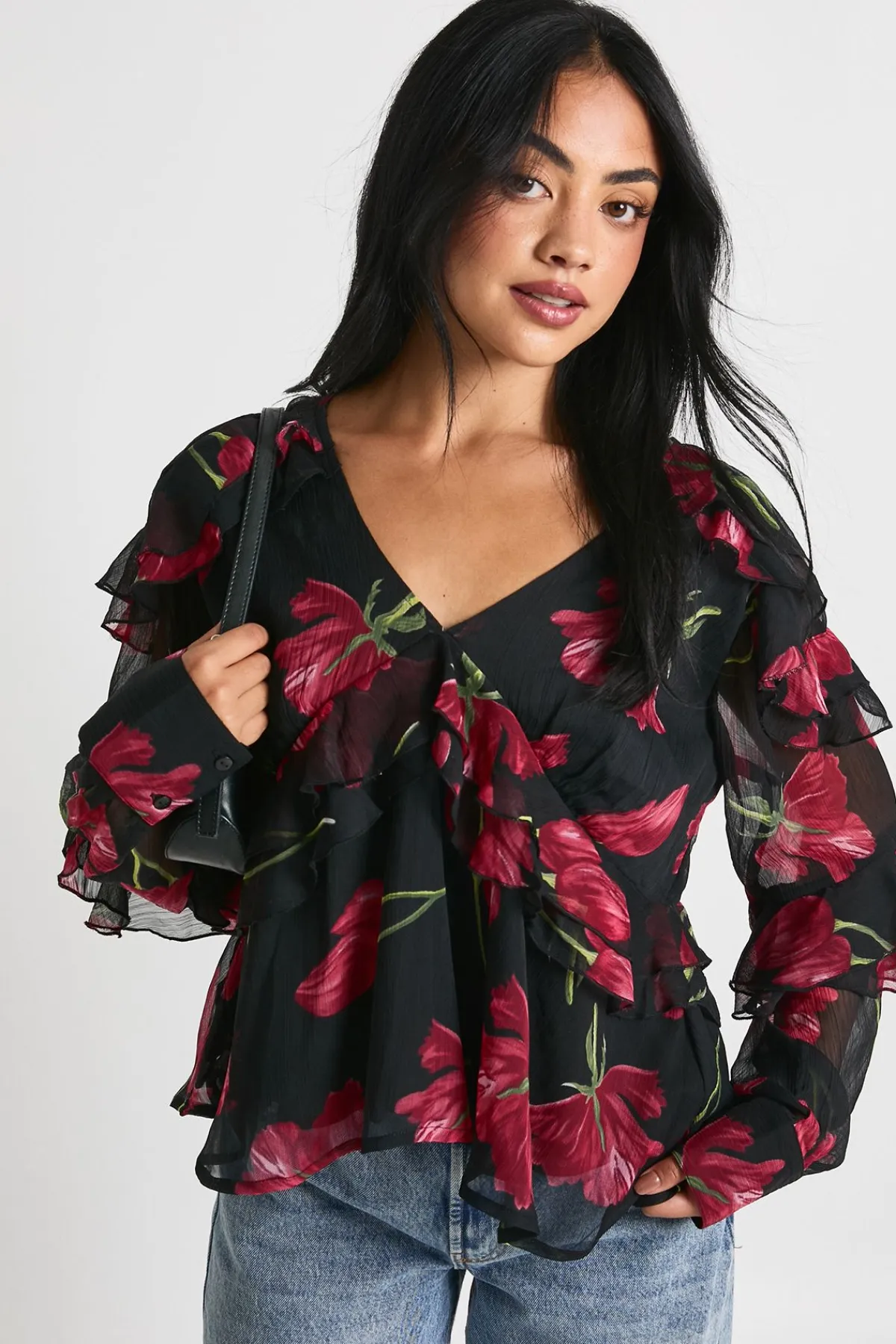 boohoo Chemisier en chiffon à volants fleuris<Femme Tops D’Automne|Tops