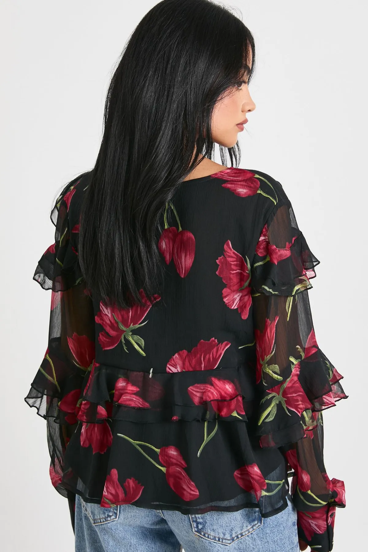 boohoo Chemisier en chiffon à volants fleuris<Femme Tops D’Automne|Tops