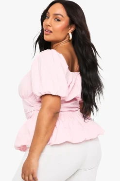 boohoo Chemisier en coton pour grandes tailles à manches bouffantes<Femme Tops