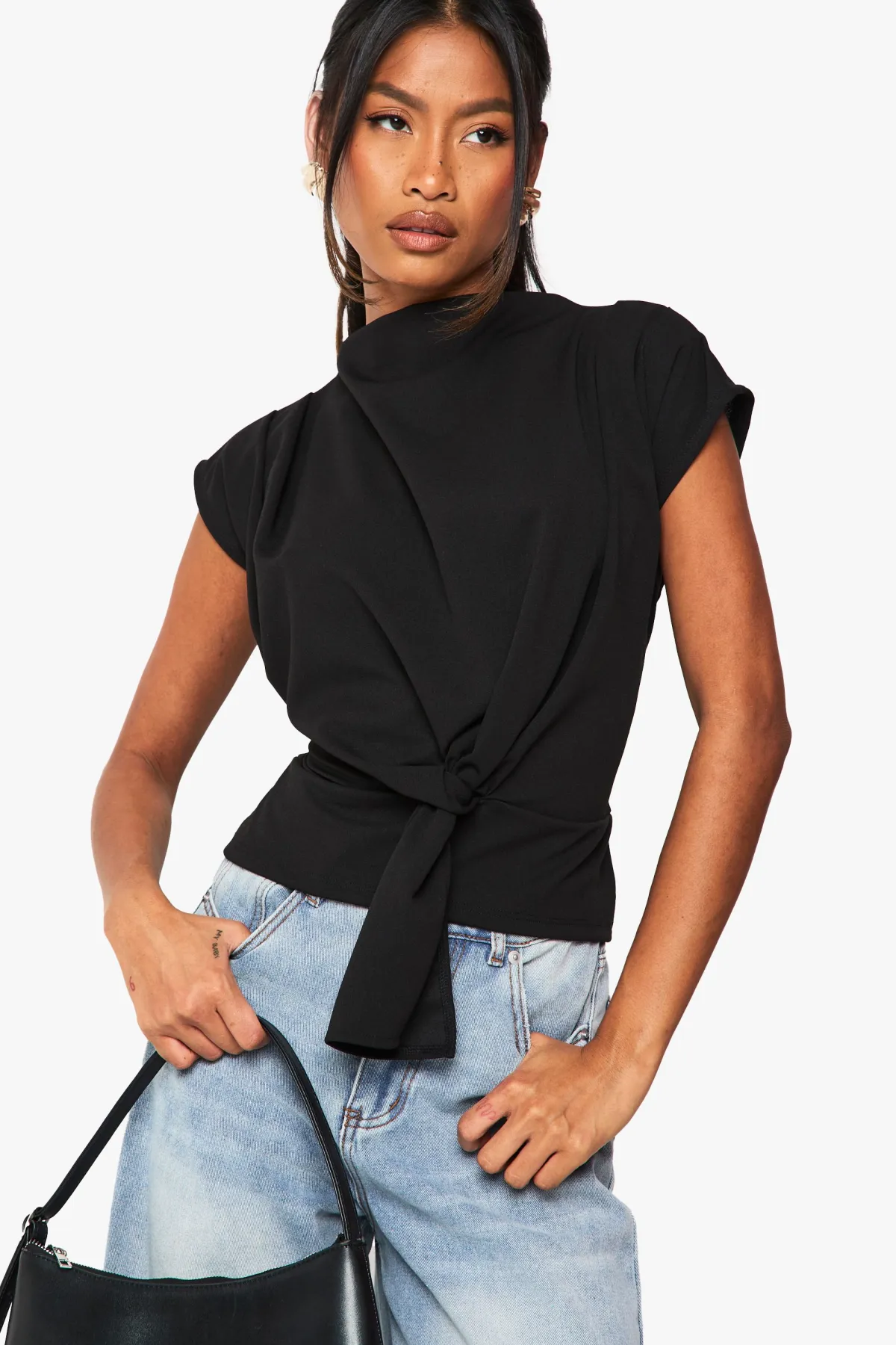 boohoo Chemisier en crêpe à nœud et col drapé<Femme Tops