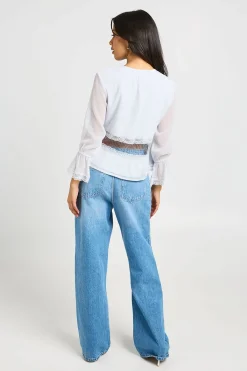 boohoo Chemisier En Mousseline Gaufrée Avec Empiècements En Dentelle<Femme Satin Et Dentelle|Tops