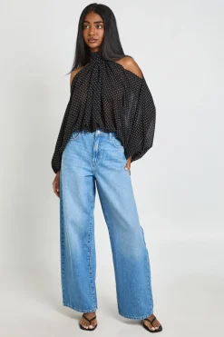boohoo Chemisier En Mousseline À Pois Avec Épaules Dénudées Et Manches Volumineuses<Femme Pois|Tops