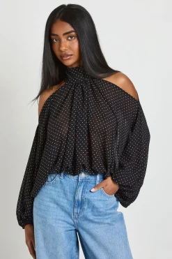 boohoo Chemisier En Mousseline À Pois Avec Épaules Dénudées Et Manches Volumineuses<Femme Pois|Tops