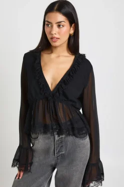 boohoo Chemisier En Mousseline À Volants Avec Bordure En Dentelle<Femme Satin Et Dentelle|Tops