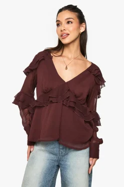 boohoo Chemisier en mousseline à volants<Femme Looks Chocolat|Tops D’Automne