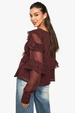 boohoo Chemisier en mousseline à volants<Femme Looks Chocolat|Tops D’Automne