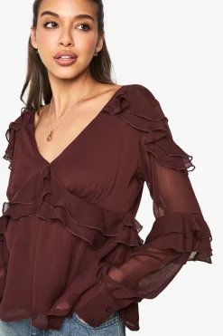boohoo Chemisier en mousseline à volants<Femme Looks Chocolat|Tops D’Automne