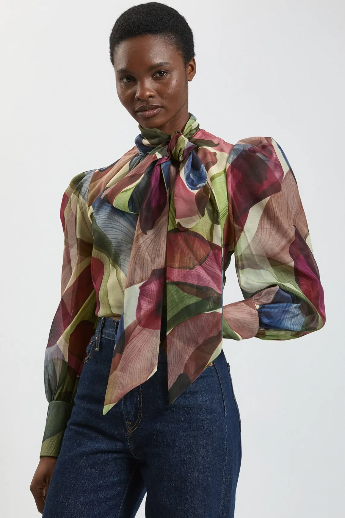Chemisier En Organza À Imprimé Pétales Avec Lavallière