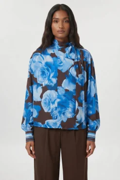 KarenMillen Chemisier En Viscose Tissée À Imprimé Floral Bleu Avec Rayures Contrastées<Femme Tops