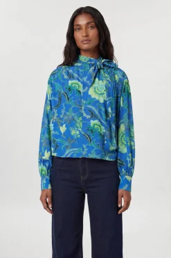 KarenMillen Chemisier En Viscose Tissée À Rayures Contrastées Et Motif Floral Bleu<Femme Tops