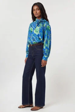 KarenMillen Chemisier En Viscose Tissée À Rayures Contrastées Et Motif Floral Bleu<Femme Tops