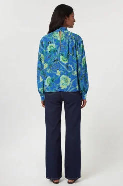 KarenMillen Chemisier En Viscose Tissée À Rayures Contrastées Et Motif Floral Bleu<Femme Tops