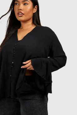 Chemisier Grande Taille à Détail Bouton, Décolleté Plongeant, Manches Évasées