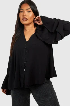 Chemisier Grande Taille à Détail Bouton, Décolleté Plongeant, Manches Évasées