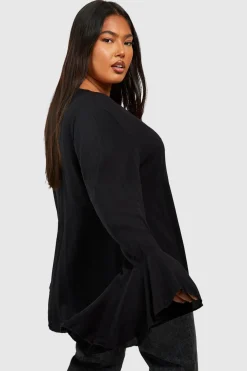 Chemisier Grande Taille à Détail Bouton, Décolleté Plongeant, Manches Évasées