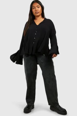 Chemisier Grande Taille à Détail Bouton, Décolleté Plongeant, Manches Évasées