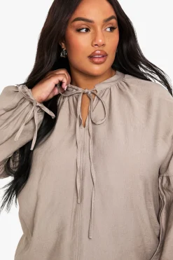 Chemisier grande taille à effet lin avec nouer à l'avant