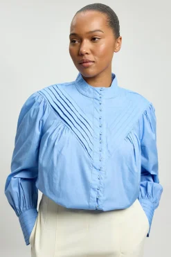 Chemisier Grande Taille En Coton Tissé À Col Montant Et Manches Ballon Plissées