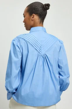 Chemisier Grande Taille En Coton Tissé À Col Montant Et Manches Ballon Plissées