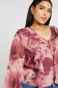 boohoo Chemisier Grande Taille En Mousseline À Volants Et Décolleté Plongeant<Femme Tops