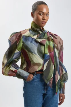 Chemisier Grande Taille En Organza À Imprimé Pétales Avec Lavallière