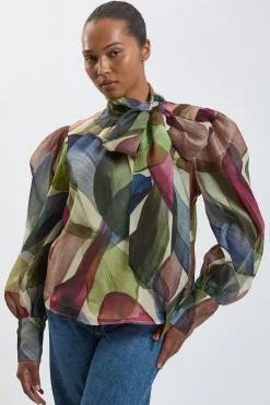 Chemisier Grande Taille En Organza À Imprimé Pétales Avec Lavallière