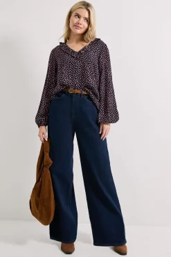 Chemisier Imprimé Violet à Pois avec Détail Col et Manches à Nouer